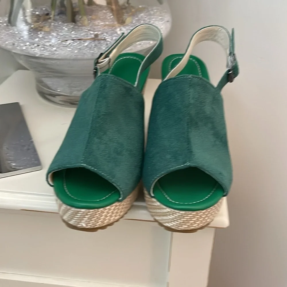 Green Suede Peep-Toe Wedge Slingbacks